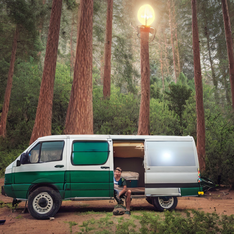 A green camper van rests on a muddy campsite by San Diego Beach as rain falls softly. A warm lantern glows on the ground, while a distant flashlight and bright moon light up the dark night.