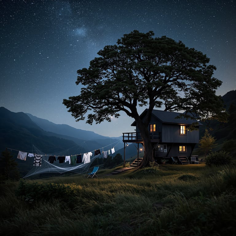 A cozy cabin sits under a big tree, glowing with warm light as stars sparkle above. Fresh clothes sway on a line, and the soft grass is perfect for relaxing. Mountains rise in the distance, making this campsite feel peaceful and magical.