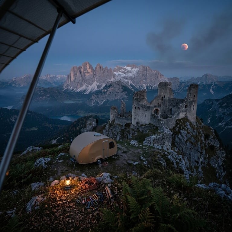A cozy tan trailer rests among ferns and fallen leaves beside the ancient stone ruins. A warm lantern glows near climbing gear, while deep blue twilight covers the quiet Dolomite mountains. A hazy copper-red moon hangs overhead.