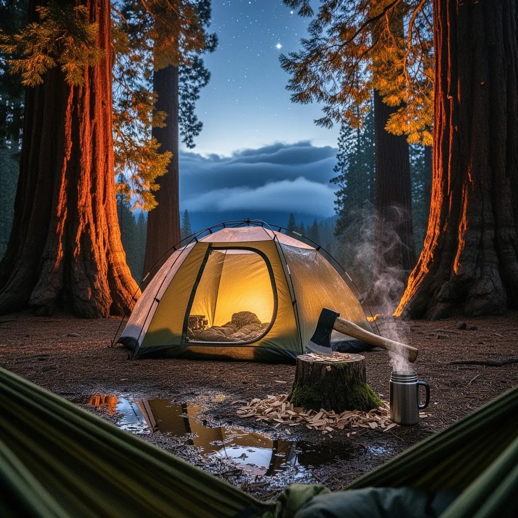 A glowing bubble tent sits in a quiet clearing, surrounded by towering sequoia trees and soft golden leaves. An axe in a worn stump and a steaming metal thermos hint at a cozy campfire story. The damp ground shines gently, while the first stars peek through the darkening sky. Far-off clouds and a cool breeze whisper that a storm may be on the way.