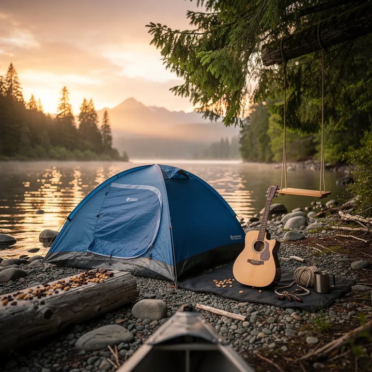 A warm sunset lights up a quiet lakeshore, with mossy evergreens and smooth rocks all around. A steel-blue tent sits on the gravel near driftwood, and the calm water shines like glass. A guitar rests on a tarp, and a rope swing hangs from a big cedar branch, ready for one more gentle ride.