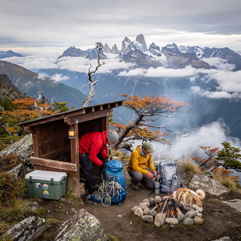 High on a rocky ridge, a small campsite sits above a valley of fog and rolling clouds. A weathered wooden shelter stands near a few scraggly trees, with two hikers sorting their packs and a cooler nearby. A solar lantern hangs from a branch while a dog naps by a tiny stone-ringed fire, and soft mist drifts through the cool air.
