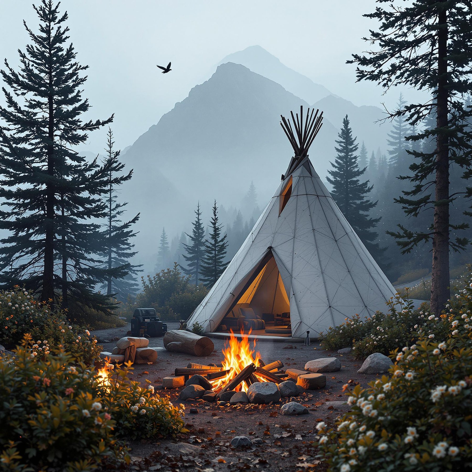 Nestled between towering pine trees, a cozy teepee glows softly under the shadow of misty mountains. A crackling campfire dances warmly, surrounded by smooth rocks and logs perfect for sitting. Above, a bird soars through the crisp, fresh air, adding magic to the peaceful scene.