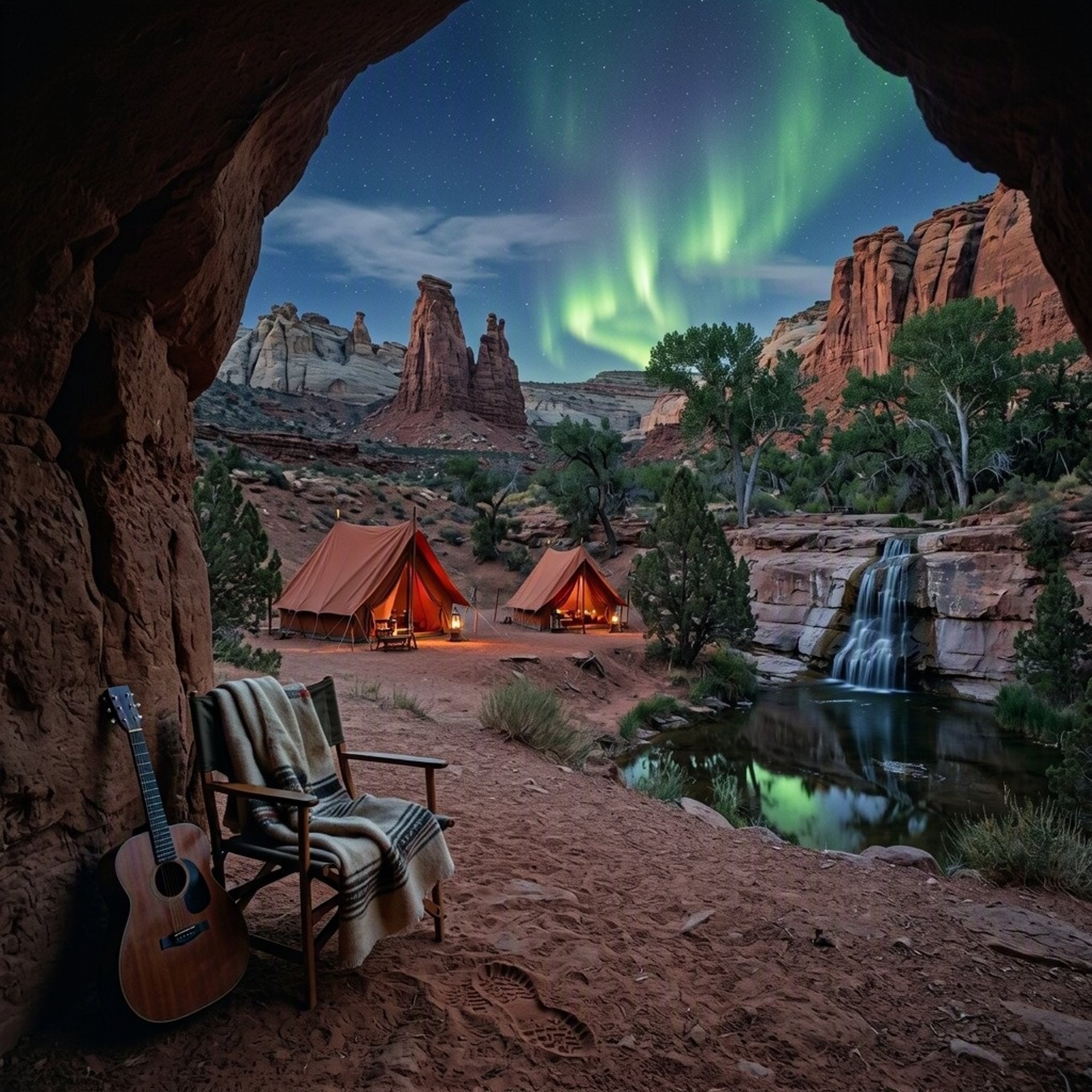 Two terracotta tents sit beneath tall red canyon walls beside a quiet waterfall and dark pool. A guitar and blanket-covered chair rest on the dusty ground, while juniper and cottonwood trees add a gentle touch of green. Above, a bright green aurora glows in the cold desert sky.