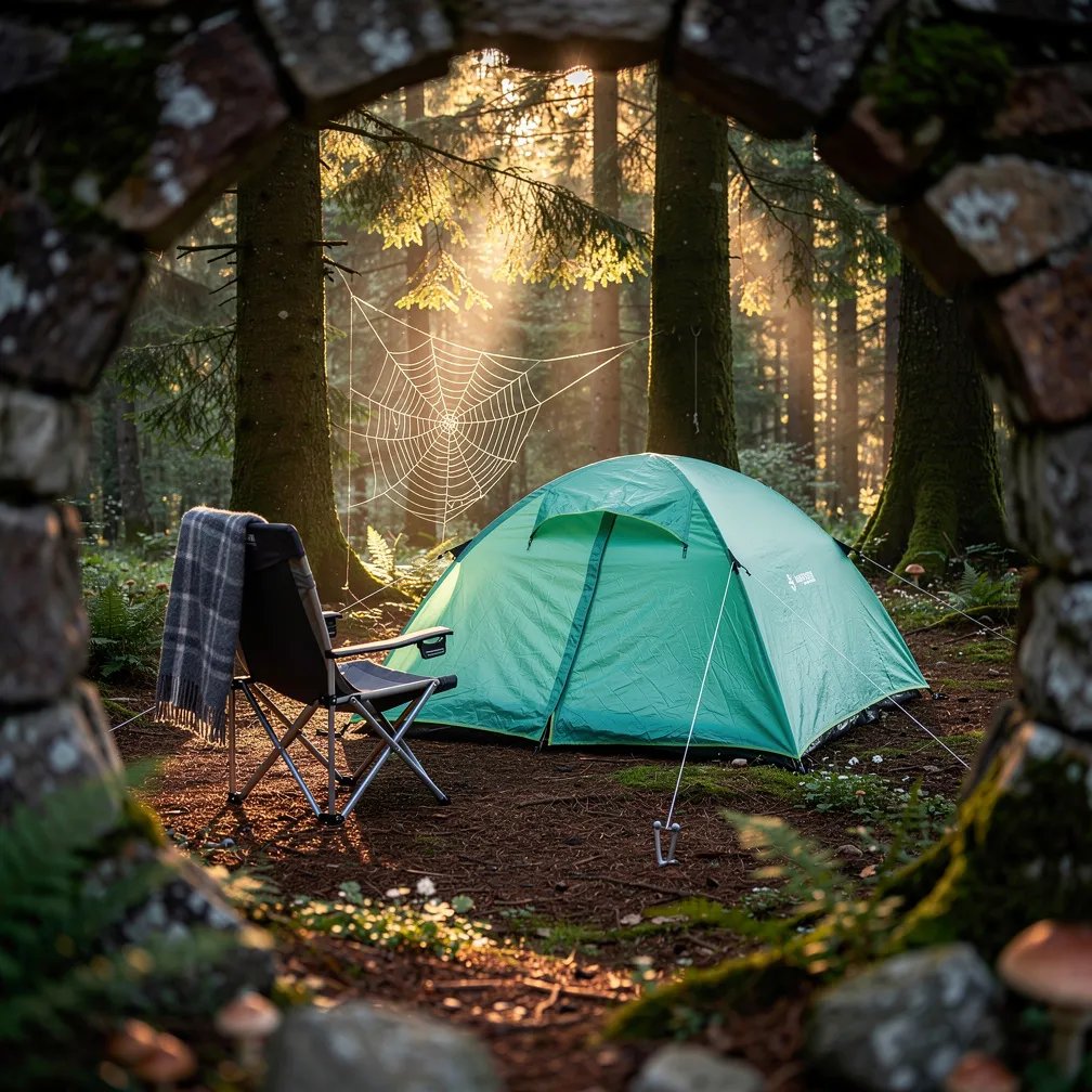 A warm golden light filters through tall, mossy trees in the Black Forest. A mint green tent sits on soft fern-covered ground, seen through a weathered stone arch. A cozy chair with a blanket waits nearby, and a tiny spider web shines in the hazy air. The whole campsite feels quiet, secret, and calm.