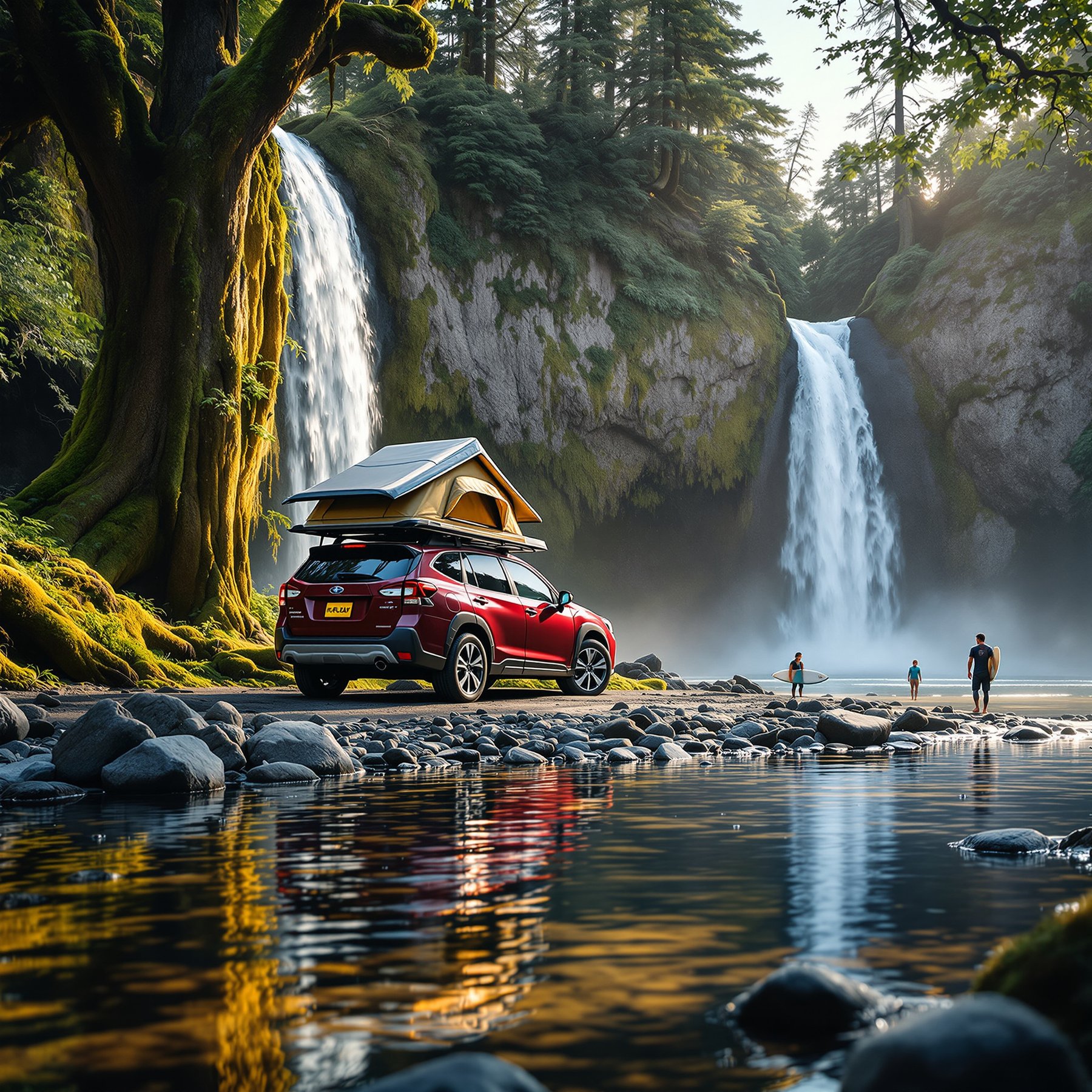 Nestled by a sparkling river, this campsite sits beside giant waterfalls and tall, green trees. The air feels fresh and cool, and you can hear the water rushing nearby. It’s the perfect spot for an adventure or a peaceful picnic.