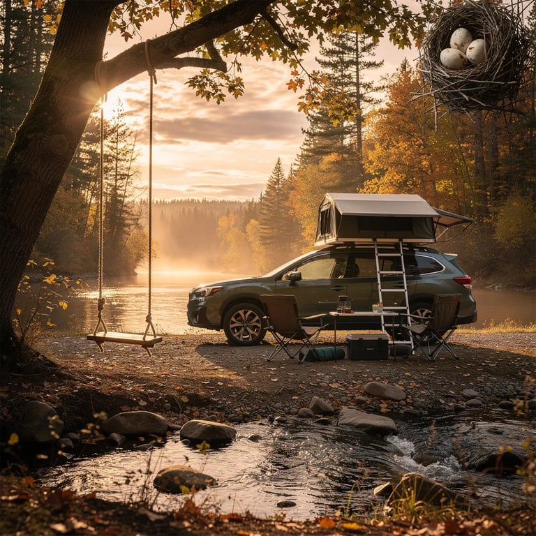 A warm sunset shines through tall pines and maples by a clear, babbling stream. A green car sits near the water with a rooftop tent open, and two chairs wait in the leafy clearing. A rope swing hangs from a strong branch, and a small bird’s nest is tucked safely in a nearby tree.