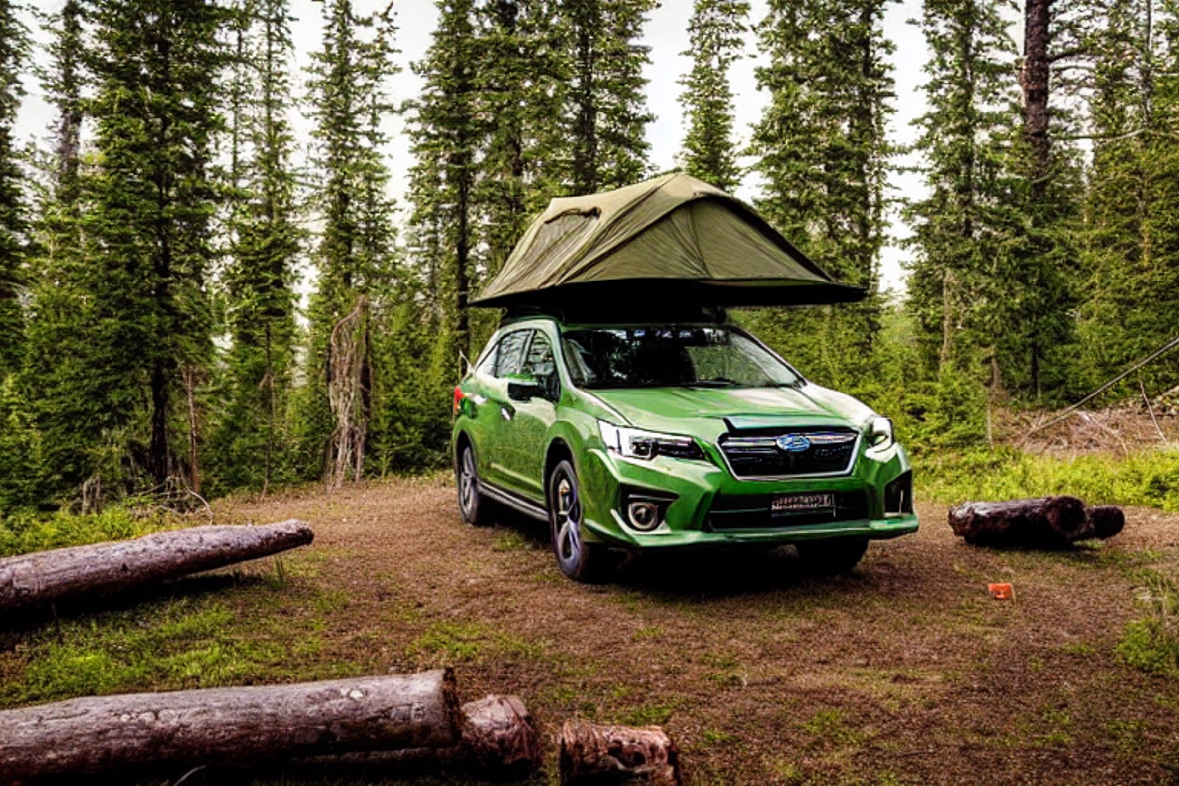 A green camo Subaru sits at a forest campsite beneath glowing northern lights. Its rooftop tent is open beside a warm campfire and a large log. Tall trees, rolling hills, and a few hikers create a peaceful outdoor scene.