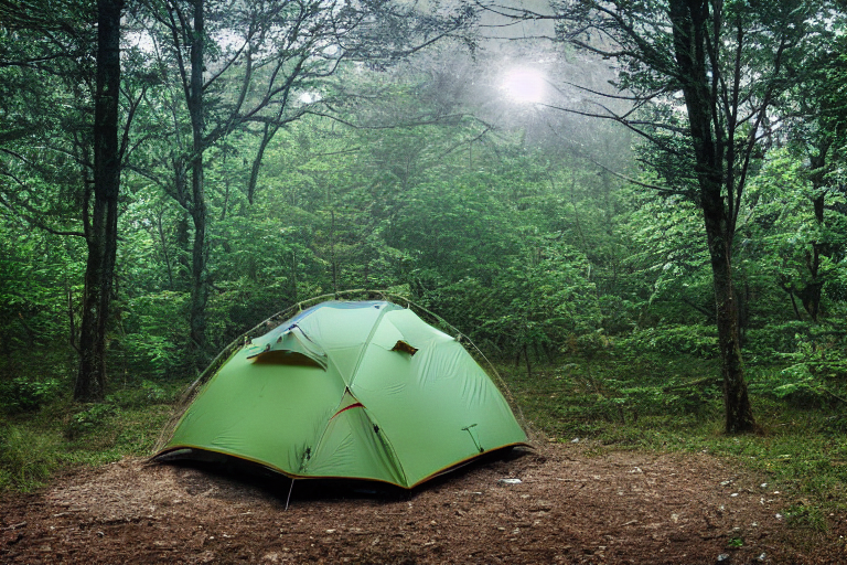 A forest-green tent rests on a paved campsite in the Smoky Mountains. A dirt path winds through fallen leaves, while a distant hiker’s flashlight glows beneath the starry, stormy sky.