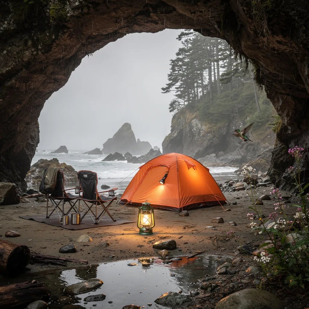A quiet seaside cove sits under a weathered stone arch, with wet sand and tiny tidepools shining in the mist. A bright orange tent and two chairs rest by the shore while a warm lantern glows softly in the drizzle. Tall coastal trees and rugged rocks surround the camp, and a tiny hummingbird hovers near a wildflower.