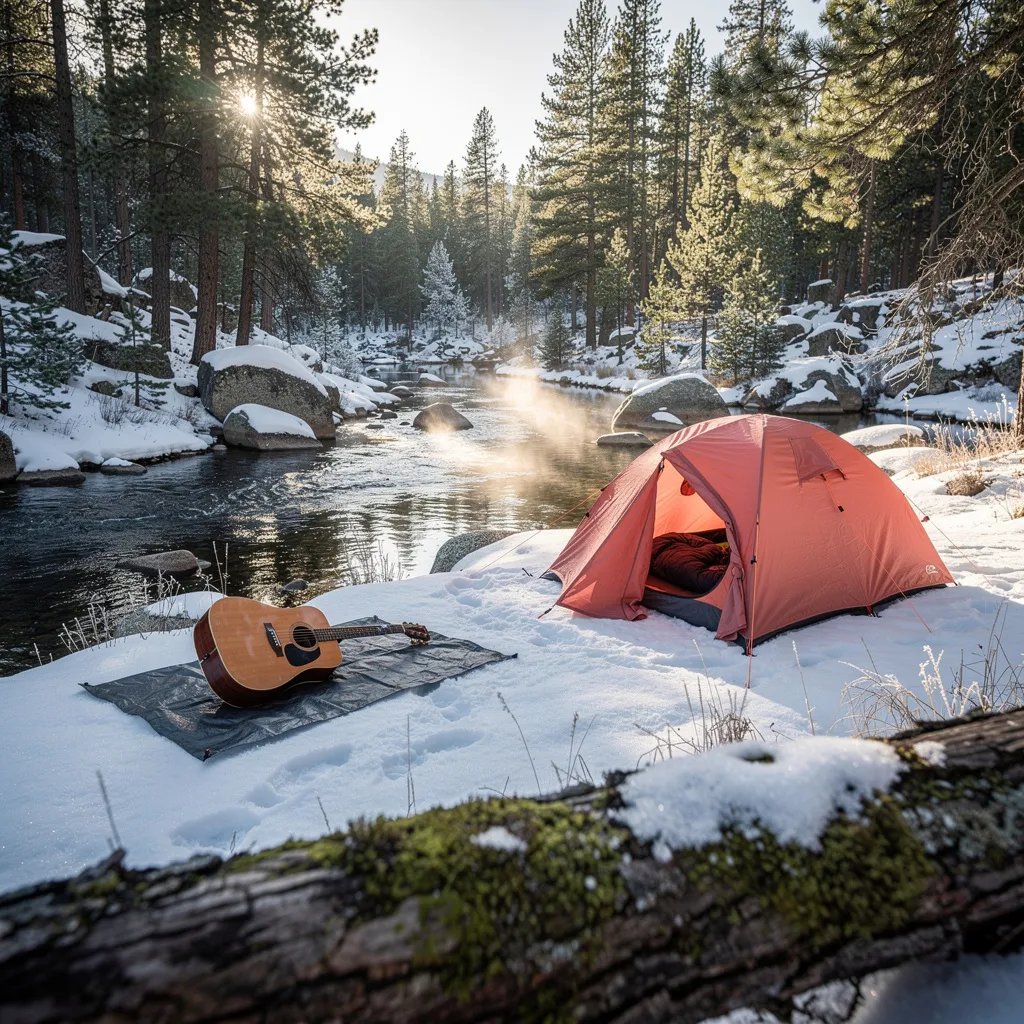 A coral tent sits on packed snow beside a narrow stream that still flows. Tall pine trees and big granite rocks stand all around, with frost sparkling in the cold light. A wooden guitar rests near the tent, ready for a quiet winter song. The low sun makes long shadows and the air feels crisp and calm.