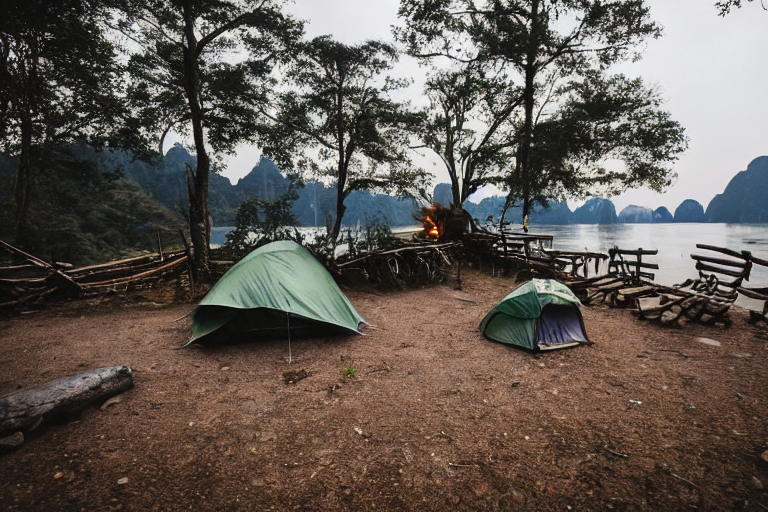 A forest-green tent rests on a rough campsite in Halong Bay as the sun sets. A warm campfire glows in the center, ringed by stones and logs, while light snow covers the ground.
