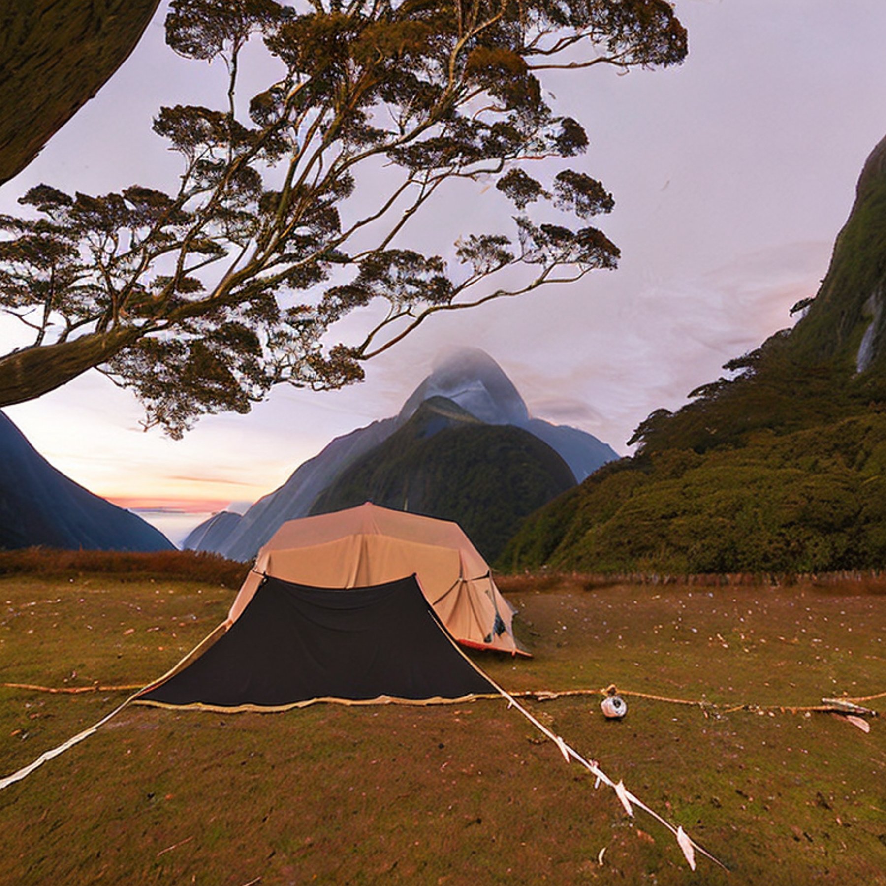 A cozy tent rests on a dirt campsite beneath a sky full of bright stars. Colorful fall trees, rolling hills, and Milford Sound’s wild beauty surround the camp. A clothesline with drying clothes adds a homey touch.
