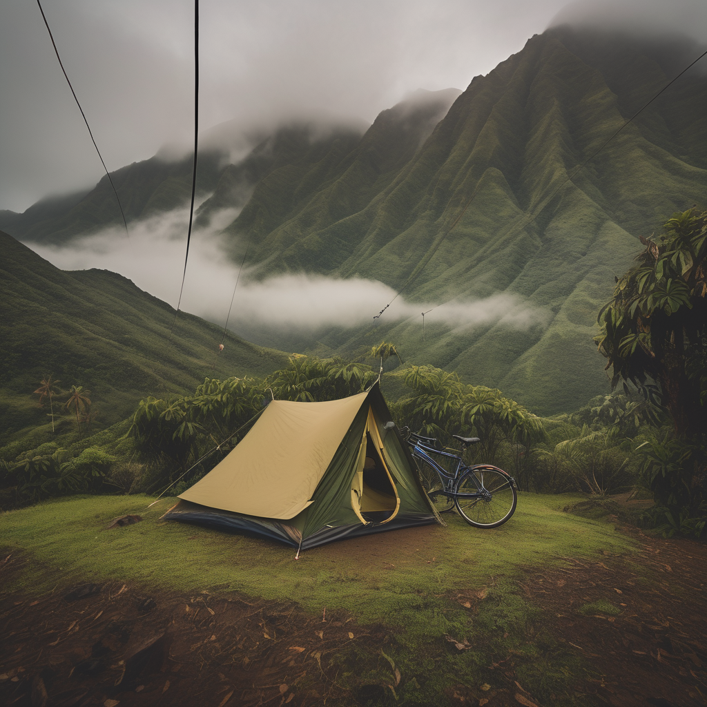 A green tent rests on rough ground in a misty Hawaiian forest. Clothes sway on a line, with a bicycle parked nearby. Soft fog wraps around the campsite as mountains rise in the background.