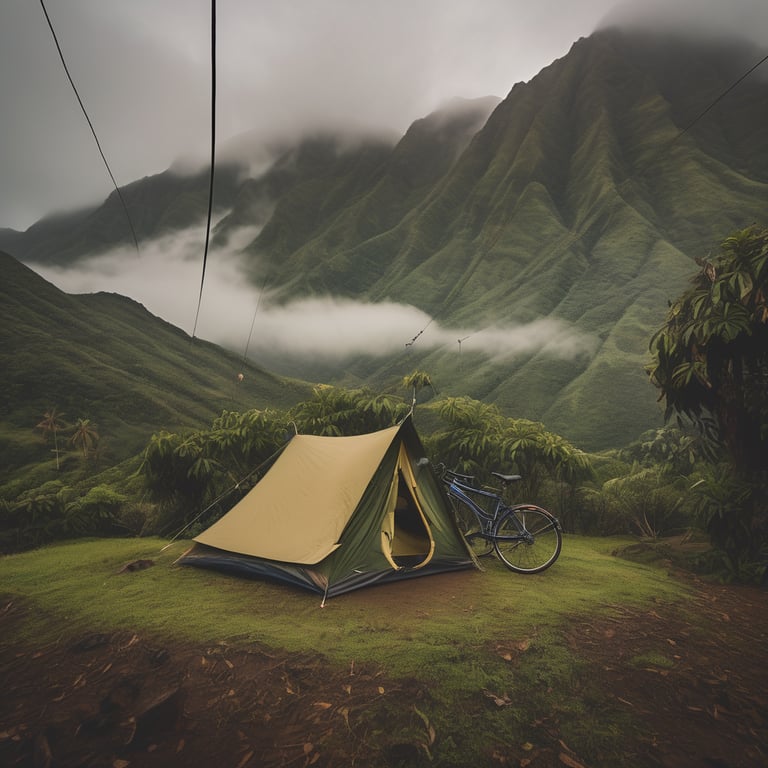 A green tent rests on rough ground in a misty Hawaiian forest. Clothes sway on a line, with a bicycle parked nearby. Soft fog wraps around the campsite as mountains rise in the background.