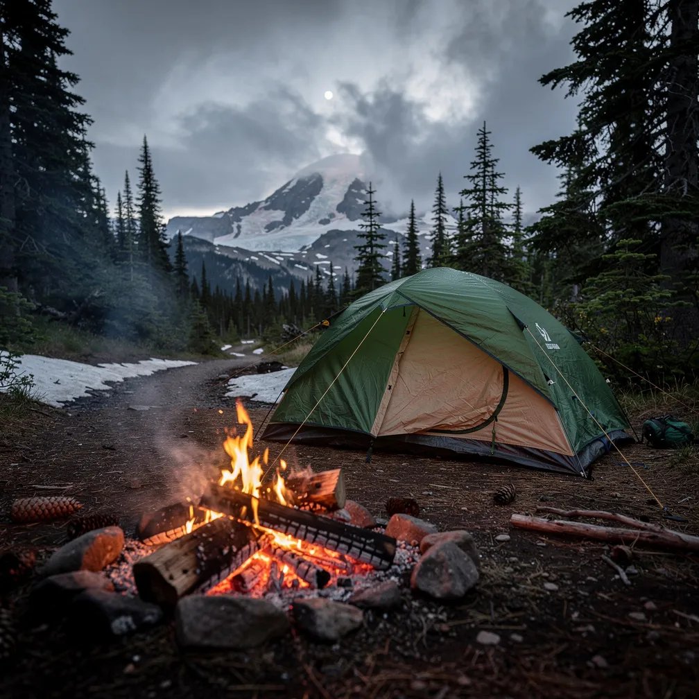 A small green-and-tan tent sits in a quiet clearing at dusk, surrounded by wet pine needles and pine cones. A low campfire glows bright orange and warms the cool, misty air. Dark storm clouds hang over the ridgeline, with Mount Rainier faint in the distance and a thin moon peeking through. The damp trail into camp looks slick and peaceful.