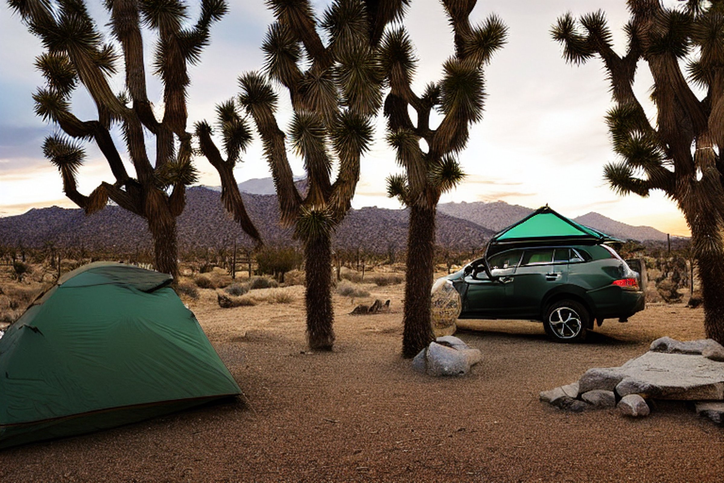 A green Subaru with an open rooftop tent rests on a dirt campsite in Joshua Tree. Stormy skies darken the rocky desert, while a campfire and lantern add a warm glow. A person shines a flashlight in the distance.