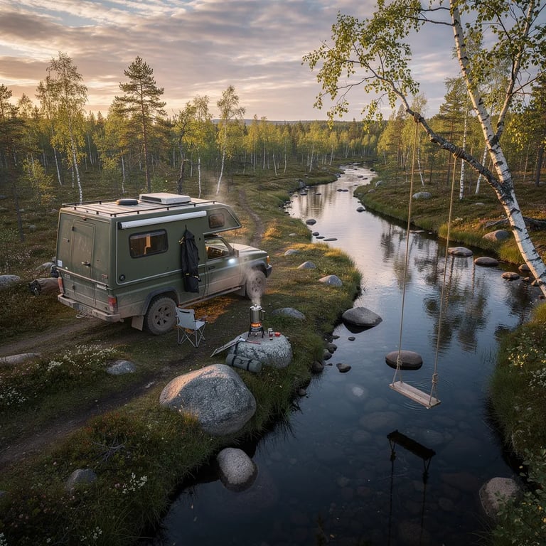 A clear little stream curves through soft green moss and scattered rocks under a calm sunset sky. An olive camper truck sits by the water, with a rope swing hanging from a birch tree. A small stove makes hot coffee, and the warm light turns everything golden while cool shadows fill the woods.