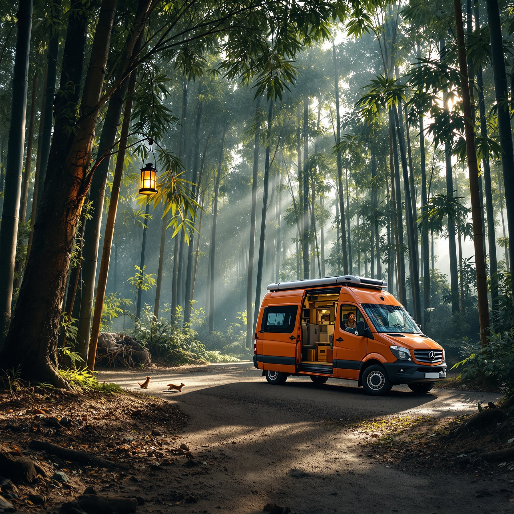 This cozy campsite sits in a peaceful bamboo forest where sunlight streams through the tall trees. An orange camper van is parked on a quiet path, with a warm lantern hanging nearby. Little birds wander by, making the scene feel calm and magical.