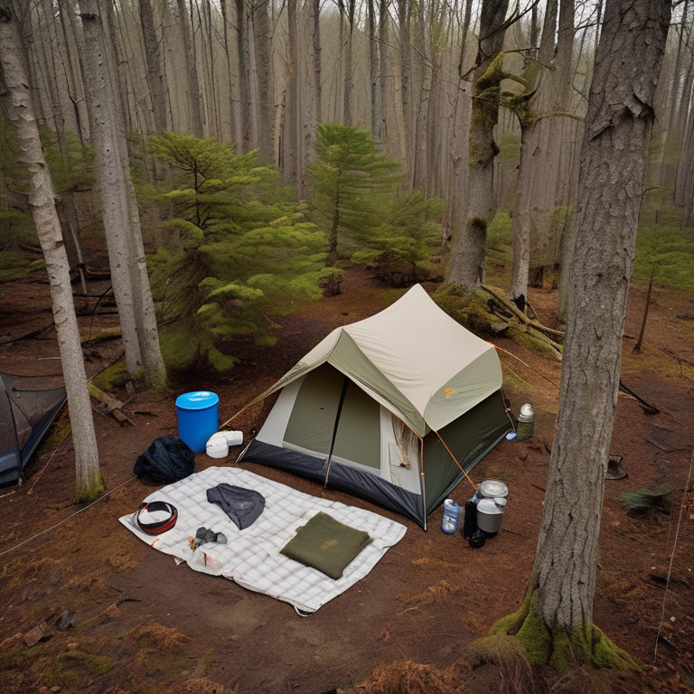 A tan tent rests on a snowy dirt patch along the coast of Maine. Mossy trees surround the campsite, with clothes hanging on a line and camping gear nearby. In the distance, a person shines a flashlight through the quiet woods.