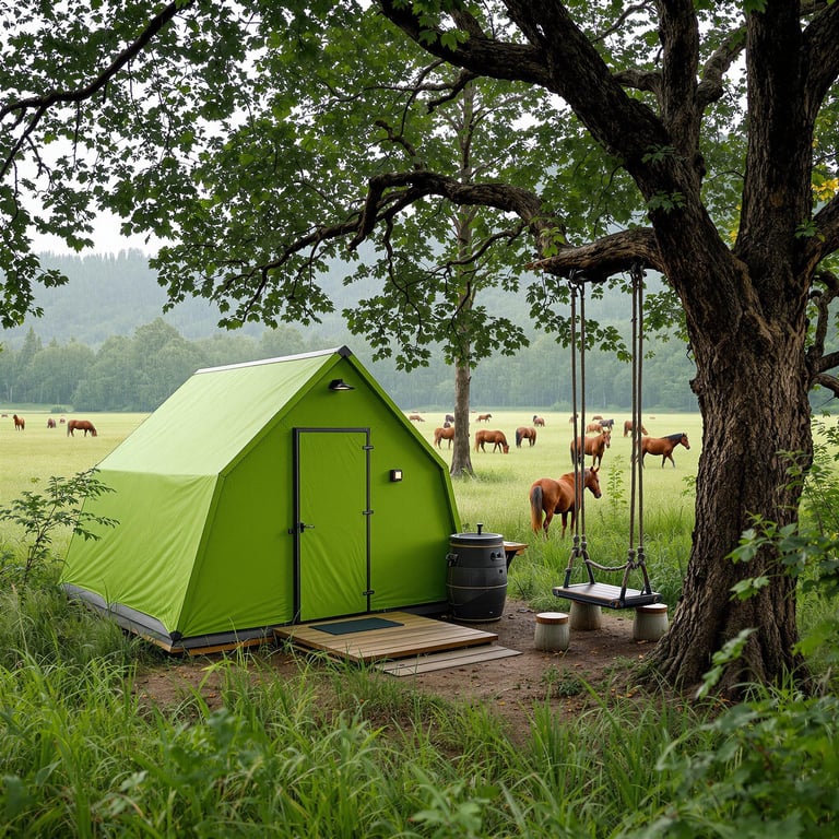 A lime-green shelter rests among tall grass in a rainy, overgrown forest. Nearby, a rope swing, picnic table, and outdoor shower create a cozy campsite. Wild horses graze in a distant field beyond the trees.