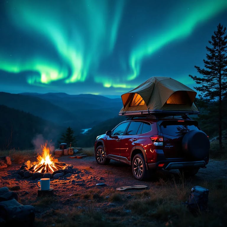 A burgundy Subaru rests beneath a glowing aurora in the dark forests of Upstate New York. A rooftop tent, warm campfire, mug, guitar, and backpack create a cozy camp beneath the coming storm.