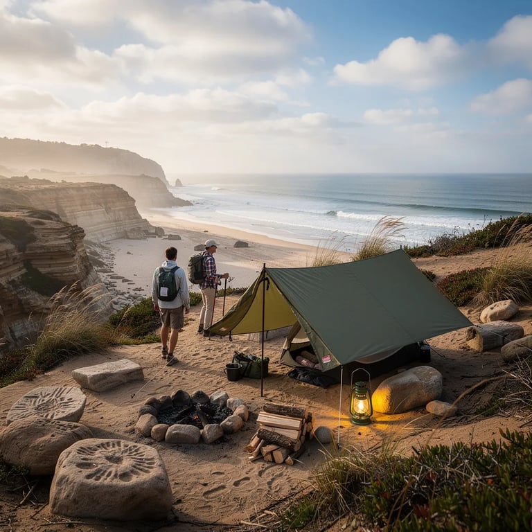 A quiet camp sits on a windy coastal bluff above a sandy beach, with tall grass and rocky cliffs by the blue ocean. A low green tarp shelter is tucked between stones, and a warm lantern glows beside a small fire ring and stacked wood. In the soft late-day light, two hikers walk in with fresh footprints in the sand while clouds drift over the horizon.