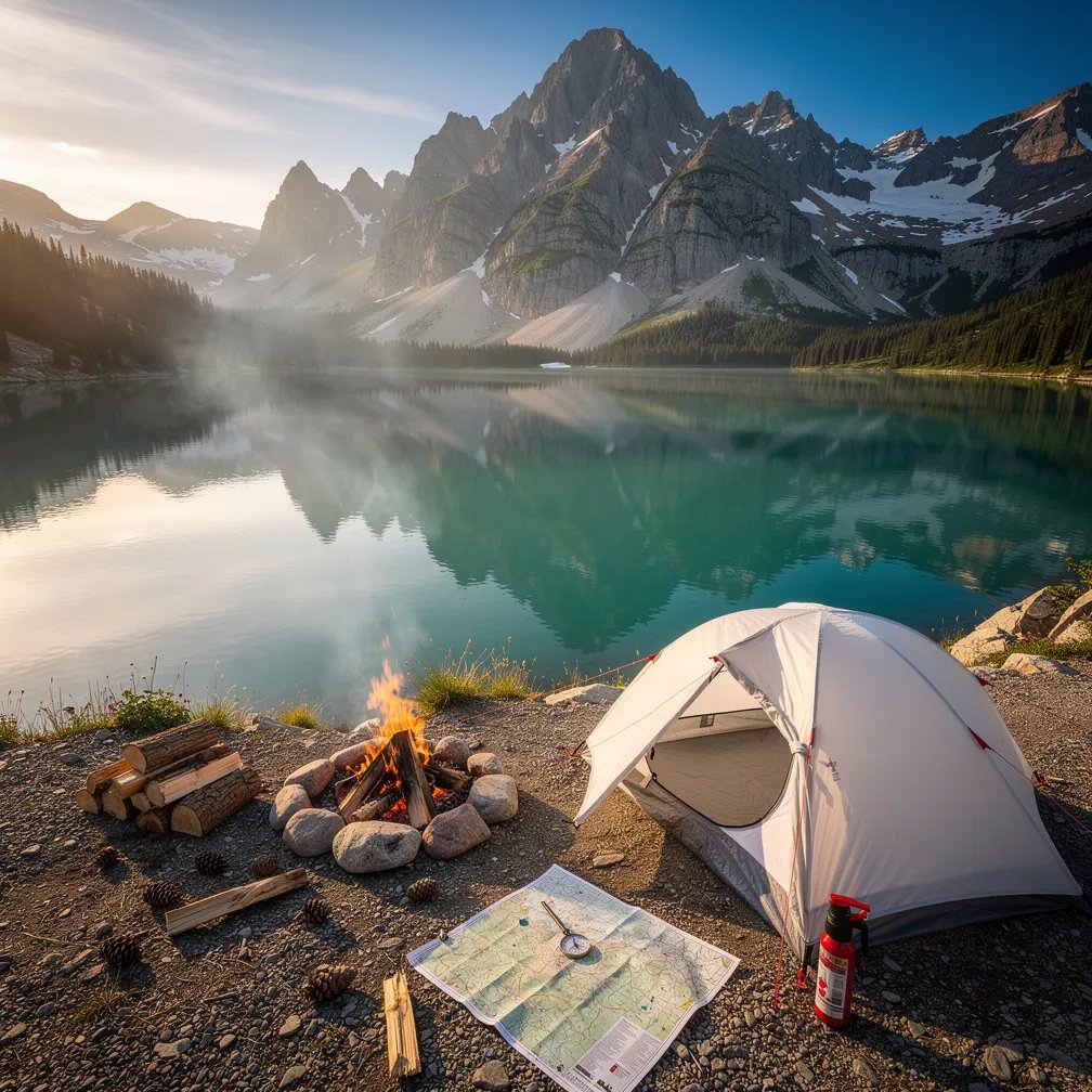 A calm turquoise lake sits below tall gray mountains with a few patches of snow. A small white tent rests on the rocky shore, glowing in the warm late-day sun. Nearby, a campfire crackles in a stone ring, with a map and compass laid out for the next adventure. Thin smoke drifts in the crisp air, making the whole place feel quiet and wild.