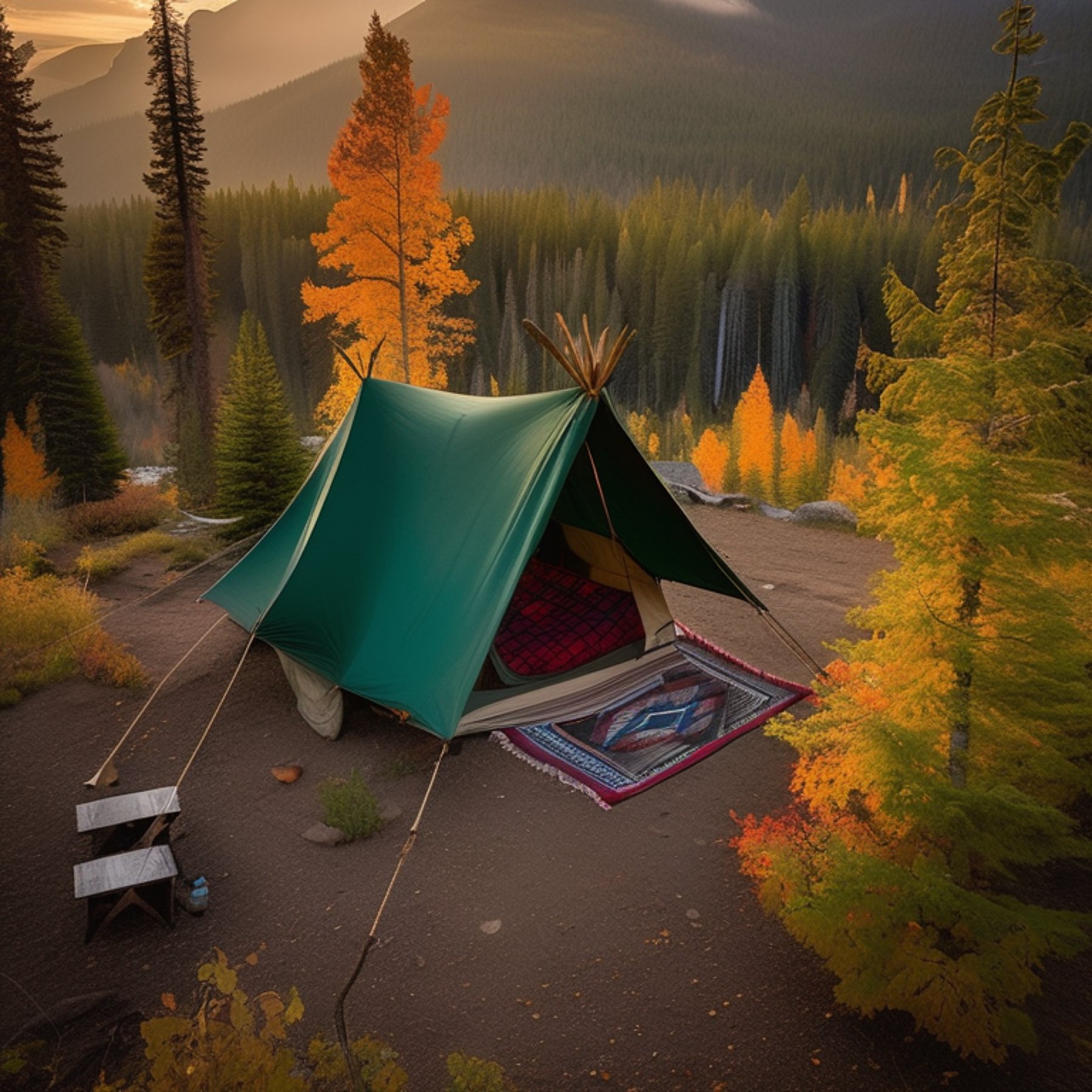 A green tent rests on a dirt clearing in Glacier National Park as soft fog settles at dusk. Fall-colored trees and fallen leaves surround the camp, with clothes drying on a line and a hammock tied between two trees.
