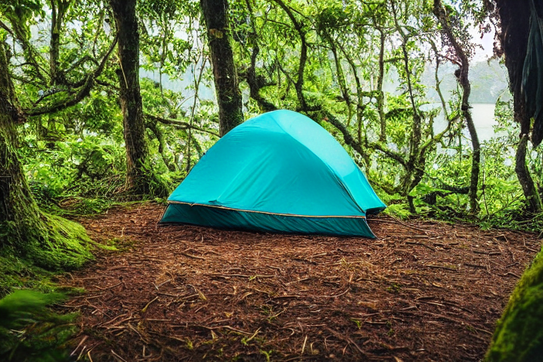 A teal tent rests beside a glowing campfire under a star-filled sky in Halong Bay. Mossy trees, a berry-covered bush, and a hammock create a peaceful forest retreat, while a wooden guitar waits nearby.