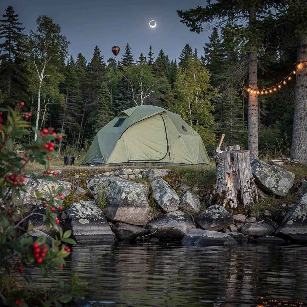 A sage-green dome tent sits by a calm lake, surrounded by rocky shore and tall pine trees. Cool, dim eclipse light makes the water shine like glass. Warm string lights glow between the trees, and an axe rests in a rough stump near a berry bush. Far above the treetops, a hot air balloon drifts quietly in the sky.