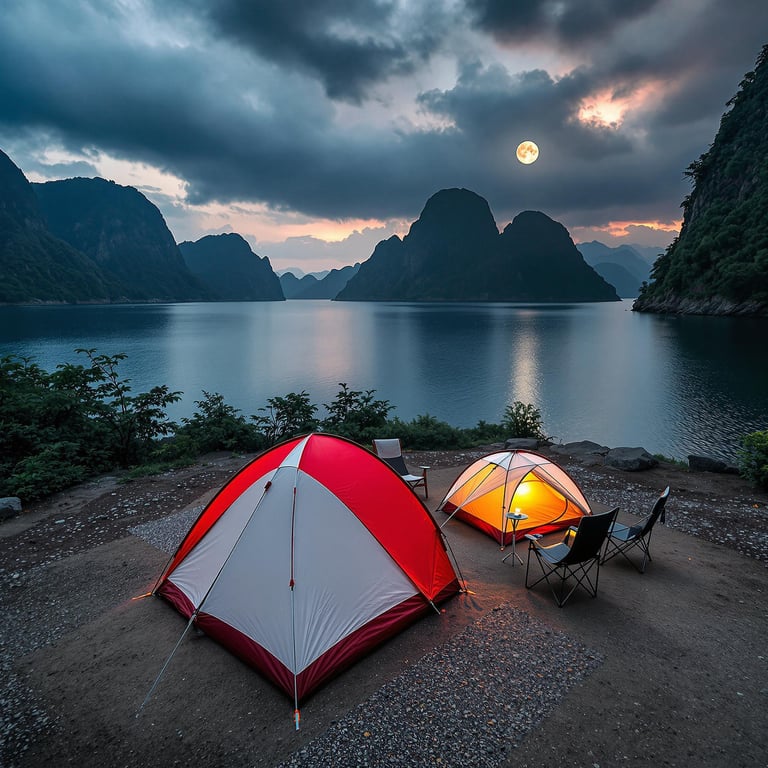 A red and white tent rests on a rocky patch beside the calm waters of Halong Bay. Camping chairs sit nearby as dark storm clouds gather overhead, while the full moon lights the rugged campsite.