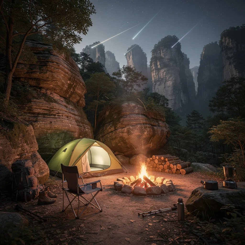 A small green-and-tan tent sits on packed dirt beside big, rough rocks in a quiet forest. A bright campfire warms the campsite, lighting up a chair and scattered hiking gear while a little smoke curls into the air. Above the dark cliffs and misty peaks, shooting stars streak across the clear night sky.