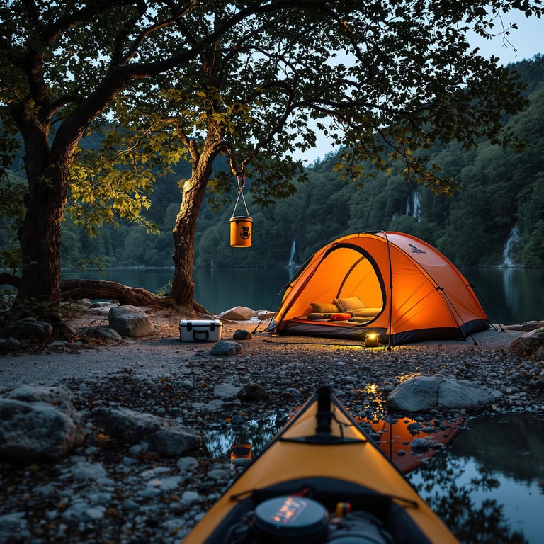 An orange tent glows softly beside the clear lakes of Plitvice National Park. Lush forest, stone patches, and humid air create a peaceful magic-hour mood. A cooler rests nearby, while a bear-proof food container hangs from a tree.
