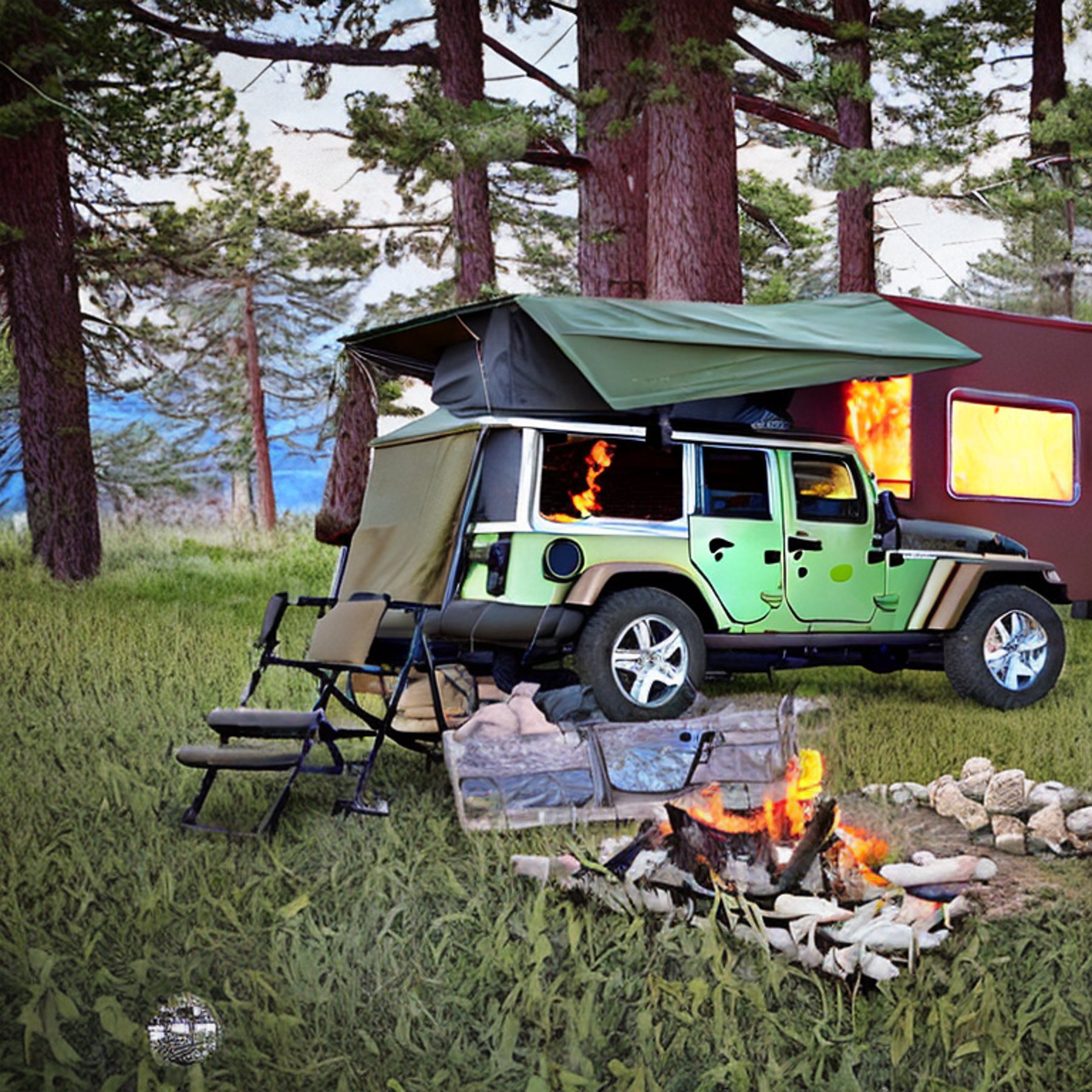 A green camo Jeep with an open rooftop tent rests at a snowy Colorado campsite. Camping chairs, gear, and a warm fire sit beside the dirt clearing, surrounded by tall grass and mountain air.