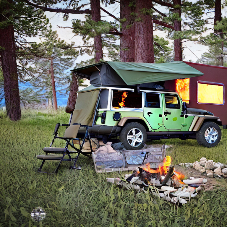 A green camo Jeep with an open rooftop tent rests at a snowy Colorado campsite. Camping chairs, gear, and a warm fire sit beside the dirt clearing, surrounded by tall grass and mountain air.