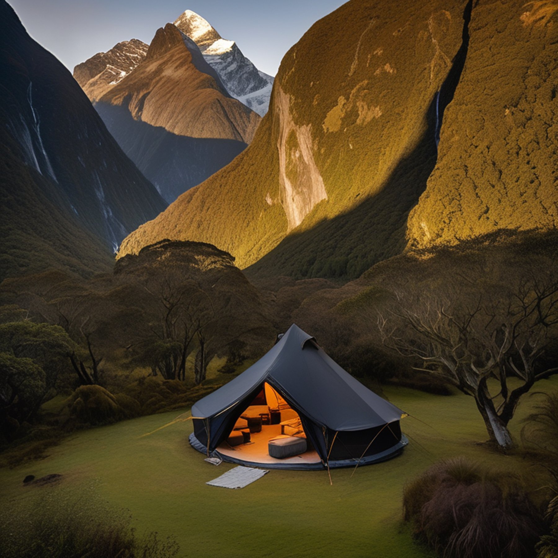 A black tent rests beside a dirt patch at a peaceful campsite in Milford Sound. Tall trees, a large rock, and rolling hills glow in the warm golden light. Hikers enjoy the clear evening nearby.