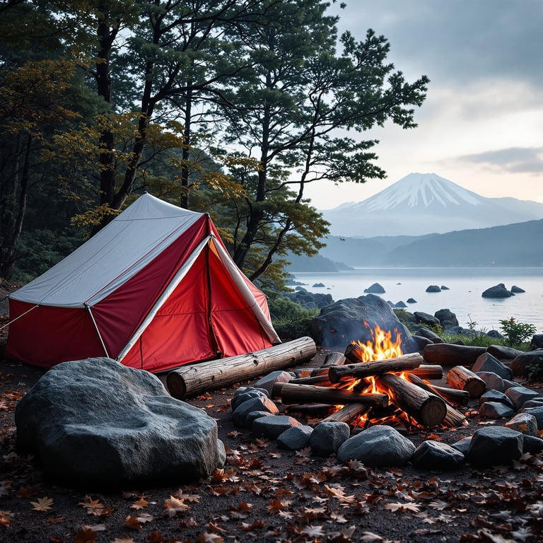 A cozy red tent sits by a sparkling lake, surrounded by tall trees and an inviting campfire. In the distance, a majestic mountain with snowy peaks watches over the serene scene. It's a perfect, peaceful spot for a dreamy outdoor adventure.