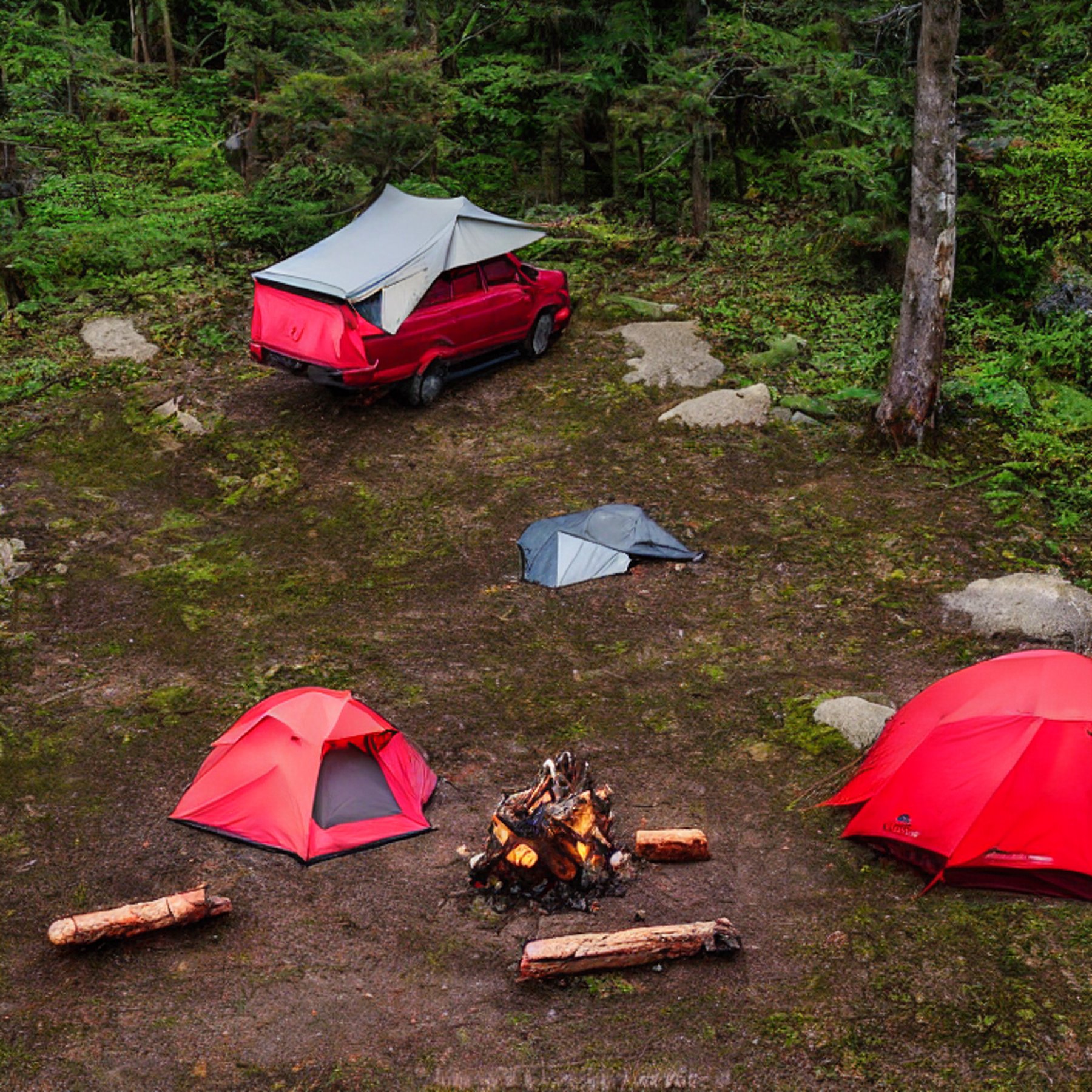 A red Subaru with an open rooftop tent rests beside a quiet stream in a rainy Miyajima campsite. A warm campfire glows near wooden logs and camping chairs as the sun sets through the misty trees.