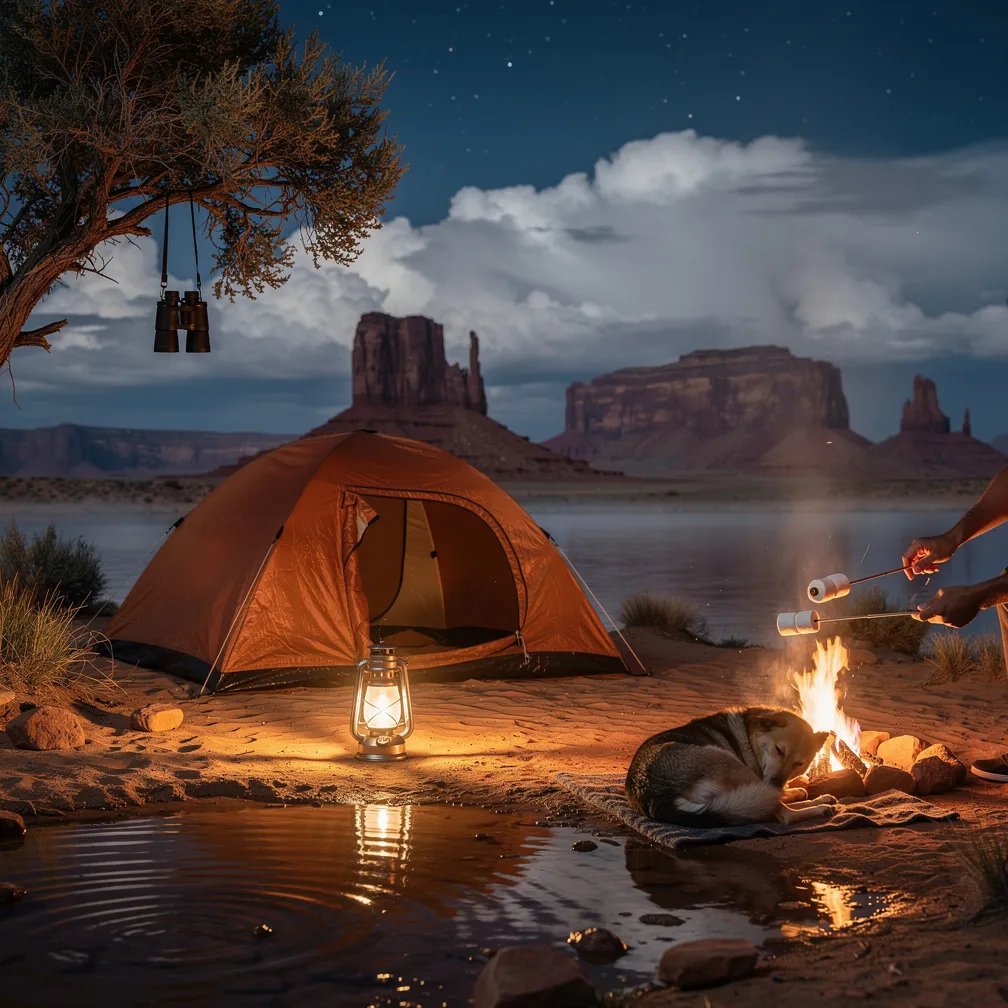 A copper tent sits by a quiet desert lake, and the wet sand shines like a mirror under the moon. A warm lantern and a small campfire glow while someone roasts marshmallows. A sleepy dog curls up near the fire, and binoculars hang from a tree as dark mesas watch in the distance.