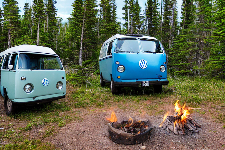A blue camper van rests beside a warm campfire in a sunny forest campsite. A clear stream winds through the dirt and fallen leaves, while a pale moon hangs in the blue sky.