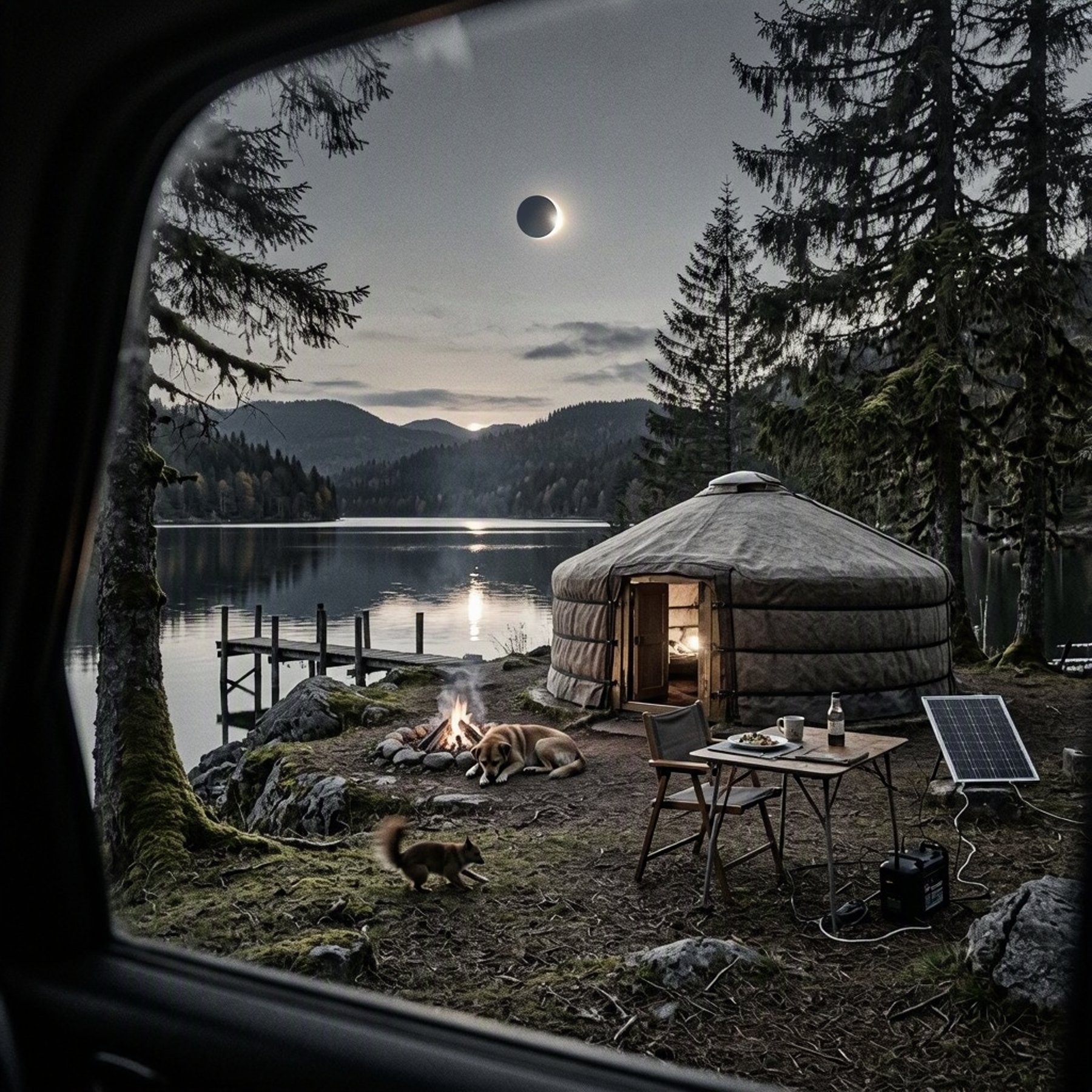 A quiet campsite rests among mossy fir trees beside the dark waters of Schluchsee. A brown Mongolian ger, sleeping dog, small fire, and dinner table create a cozy scene, while a wooden jetty reaches into the lake. The sky is dimmed by a solar eclipse, giving the peaceful setting a mysterious glow.
