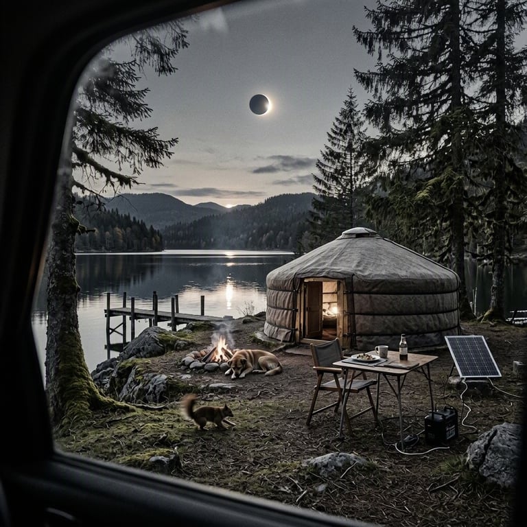 A quiet campsite rests among mossy fir trees beside the dark waters of Schluchsee. A brown Mongolian ger, sleeping dog, small fire, and dinner table create a cozy scene, while a wooden jetty reaches into the lake. The sky is dimmed by a solar eclipse, giving the peaceful setting a mysterious glow.