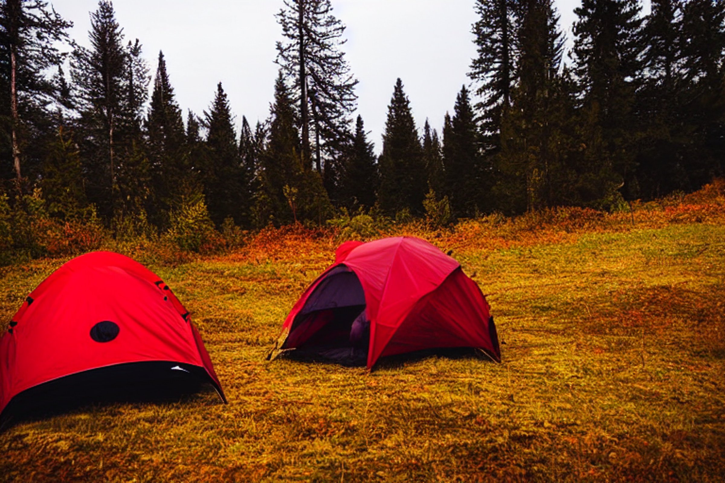 A red-and-white tent rests on rocky ground beside a glowing campfire. Rolling hills and colorful fall trees stretch across the snowy Hawaiian landscape, with a white cooler nearby.