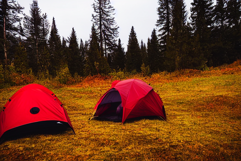 A red-and-white tent rests on rocky ground beside a glowing campfire. Rolling hills and colorful fall trees stretch across the snowy Hawaiian landscape, with a white cooler nearby.