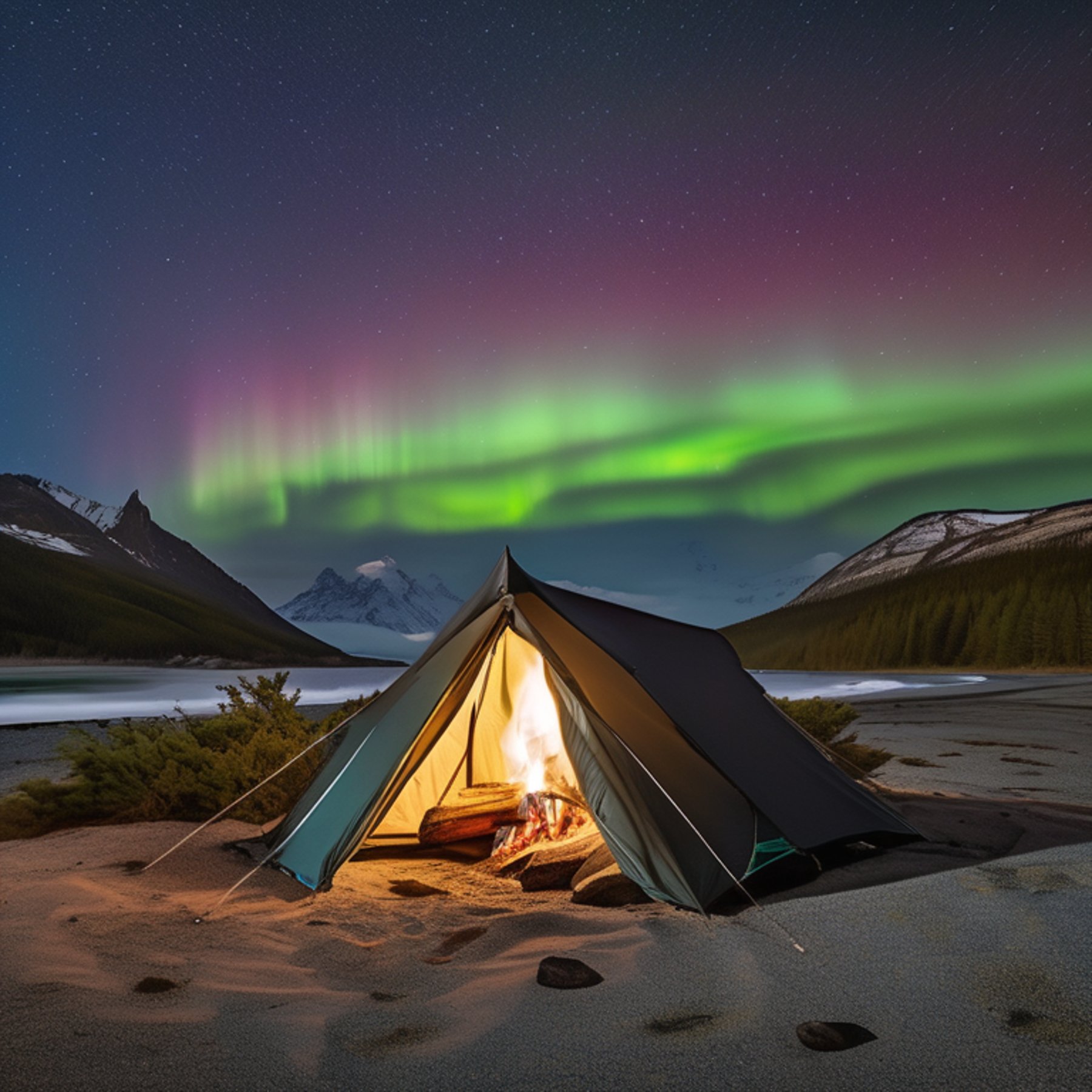 A cozy tent sits by the ocean under glowing green northern lights. A warm campfire crackles beside a large rock, while misty mountains rise in the distance.