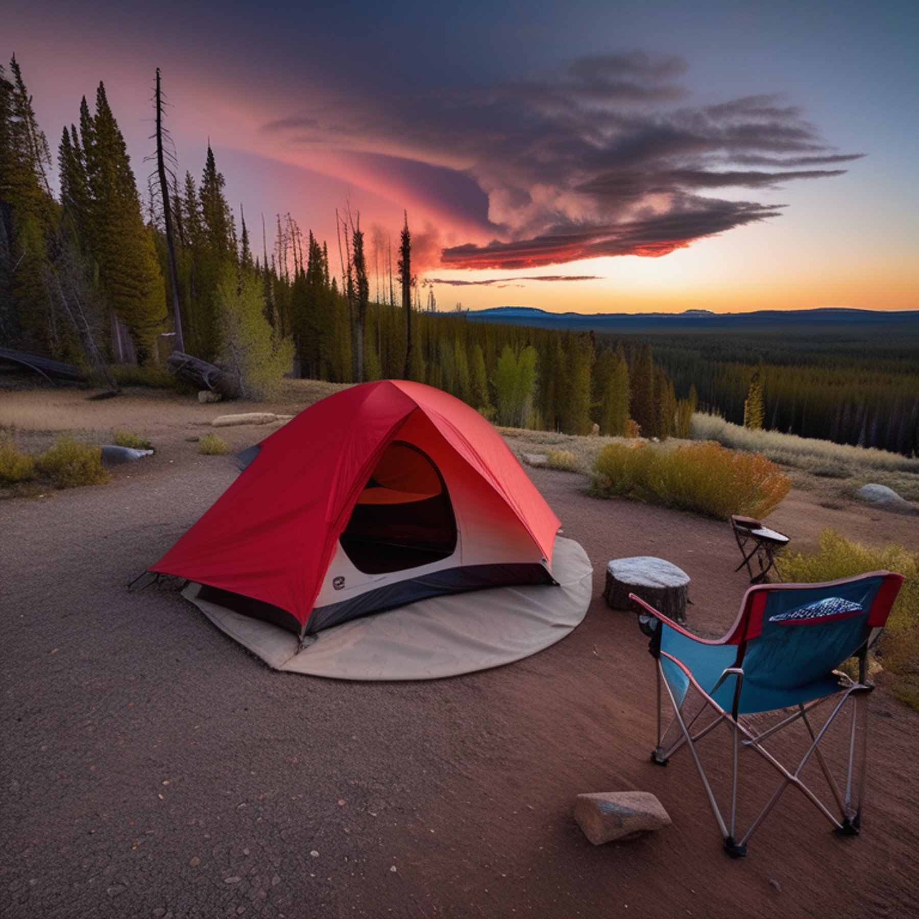 A red and white tent rests at a quiet campsite in Yellowstone beneath glowing northern lights. A warm campfire crackles beside the dirt path, with chairs and fallen leaves nearby.