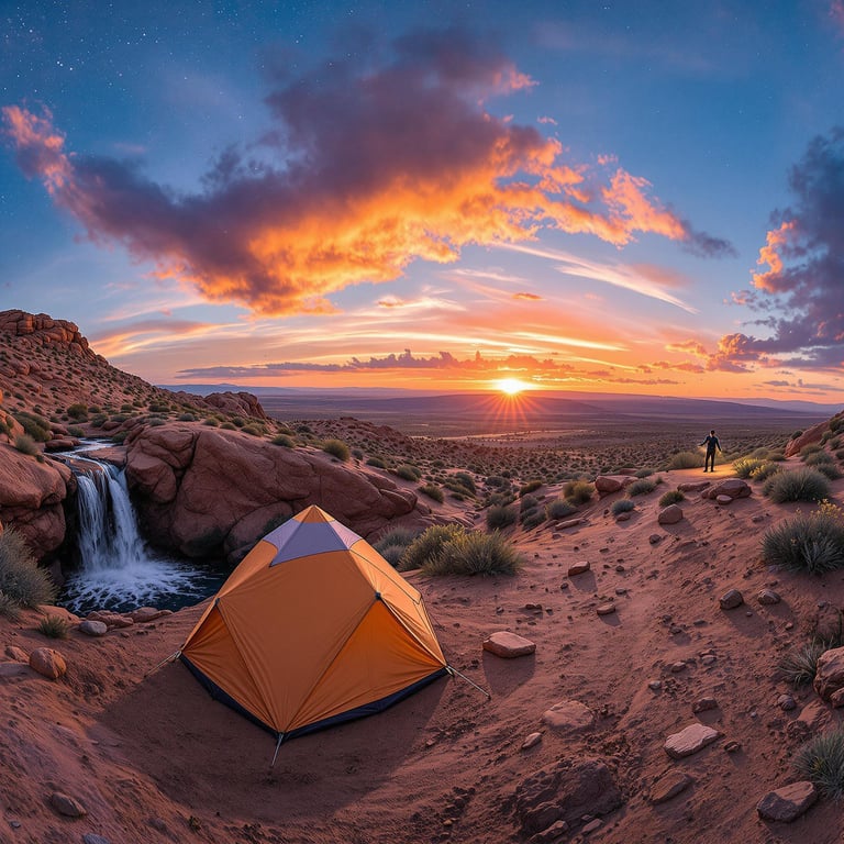 An orange tent rests on a sunlit hill, surrounded by red rock formations. A gentle waterfall flows nearby, with a stunning sunset painting the sky in vibrant colors. The scene feels peaceful and magical, as if inviting you to explore the beauty of nature.