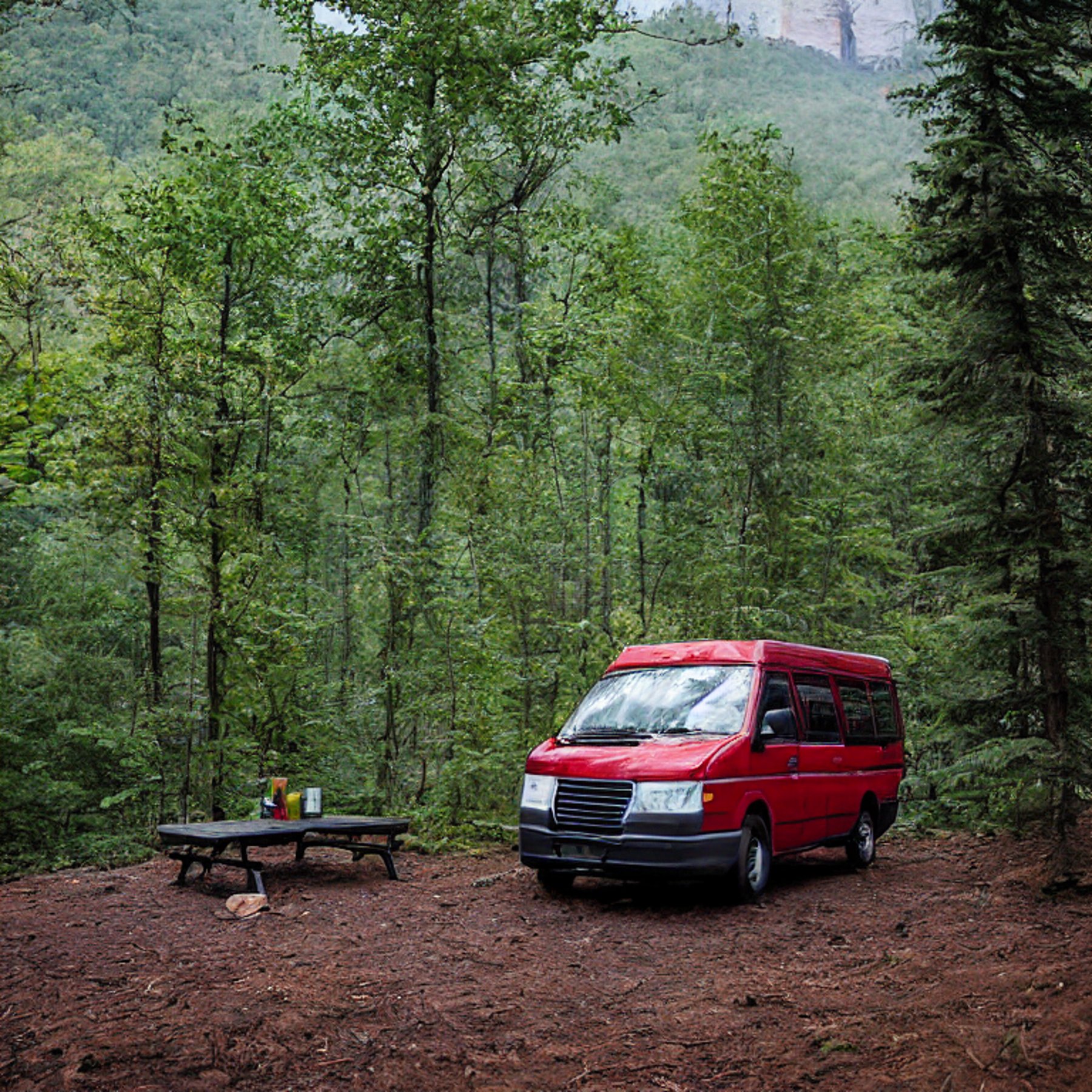 A red camper van rests on a quiet dirt campsite in the misty woods of Upstate New York. A winding trail, picnic table, and large rock sit nearby, with a mountain fading into the fog.