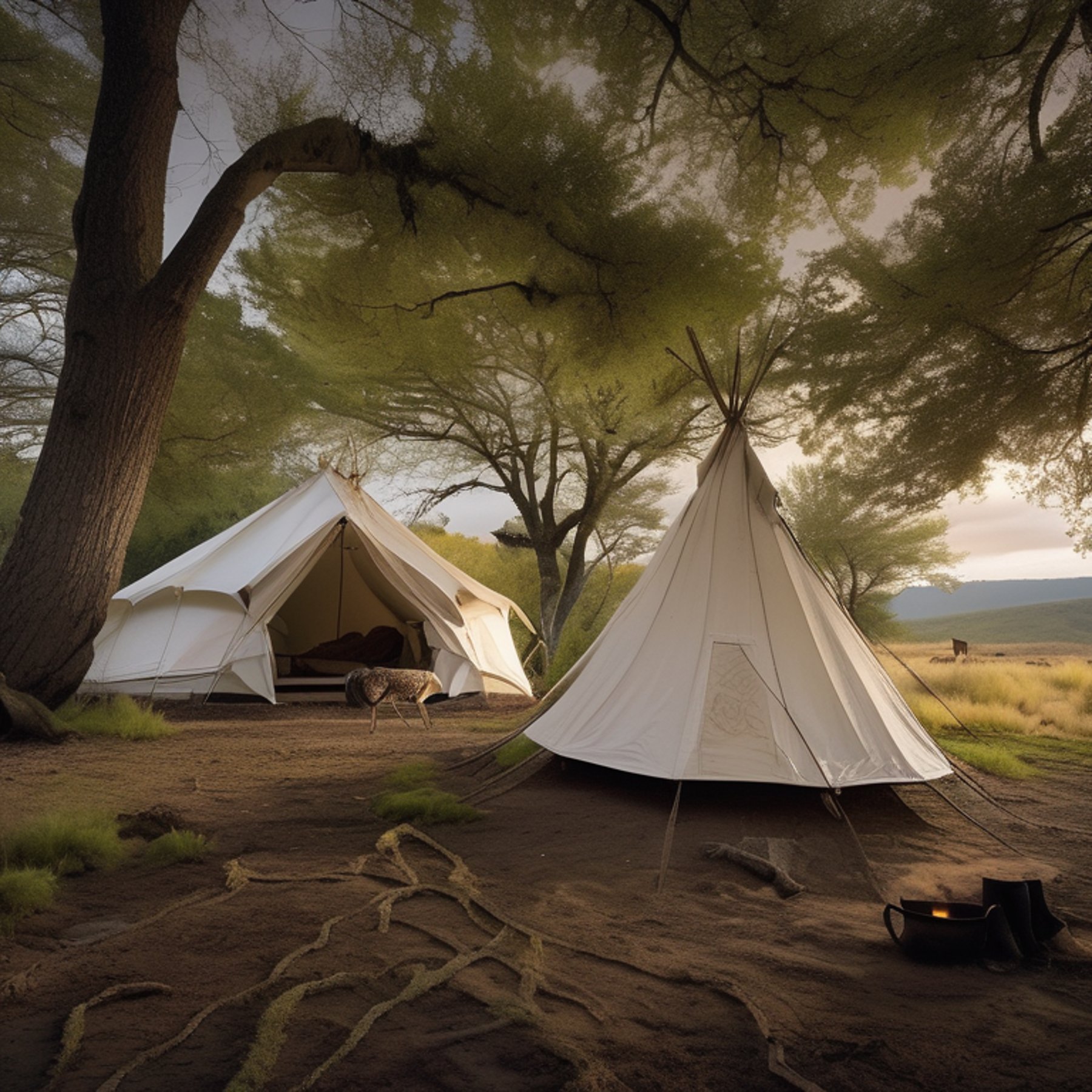 A white tent rests on a quiet dirt campsite beside a warm, steaming hot spring. Mossy trees and fallen leaves surround the camp, with a hammock hanging nearby. In the distance, a deer stands beneath the cloudy night sky.